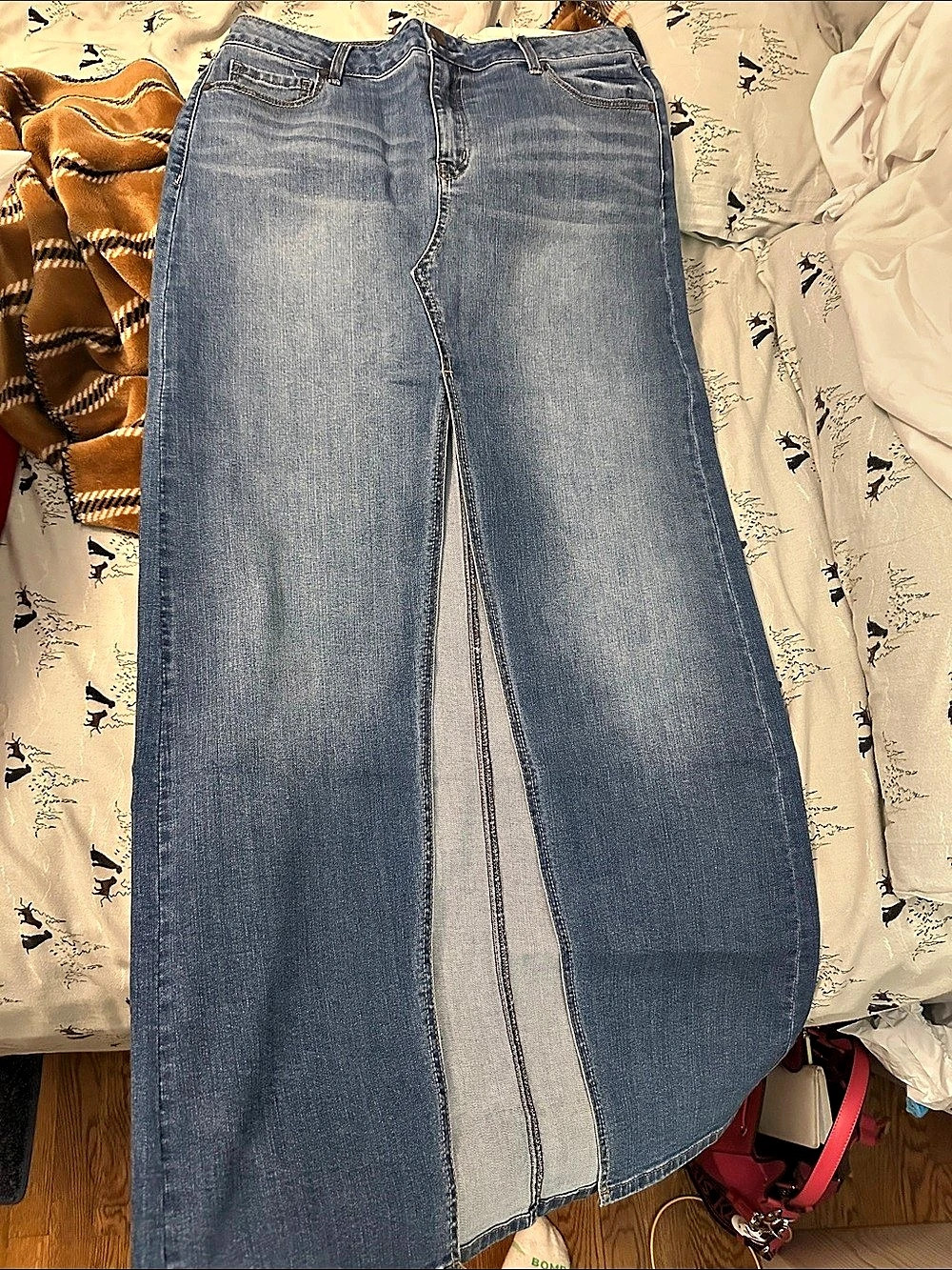 1822 Denim Front Slit Denim Maxi Skirt Women's Boot Cut Jeans in Blue NWT fire !